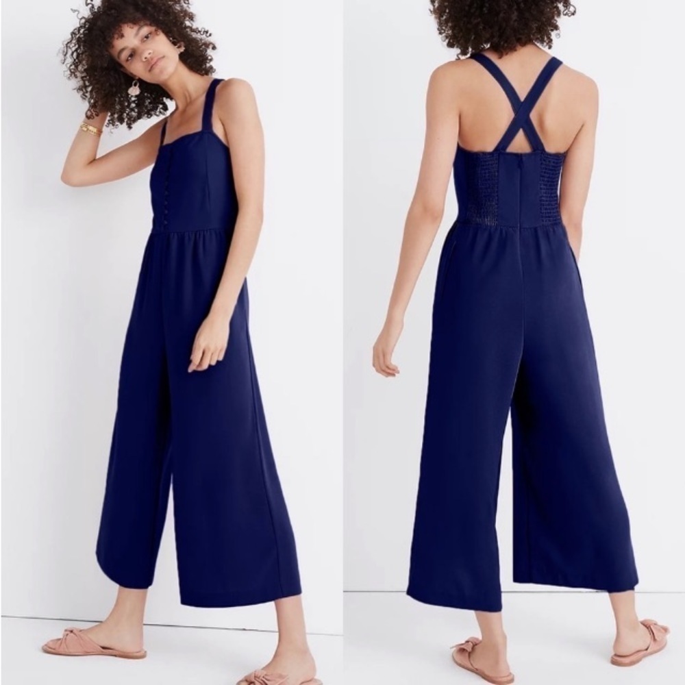 Madewell Smocked Button Front Navy Jumpsuit Sz 0 Cropped Wide Leg Casual Preppy